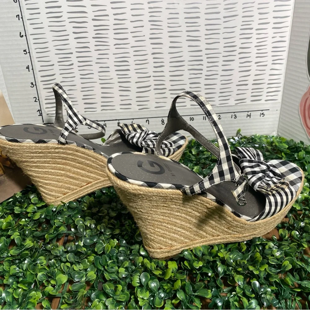 G by Guess Black and White Gingham Knot Espadrille Wedge Sandals - Picture 10 of 10